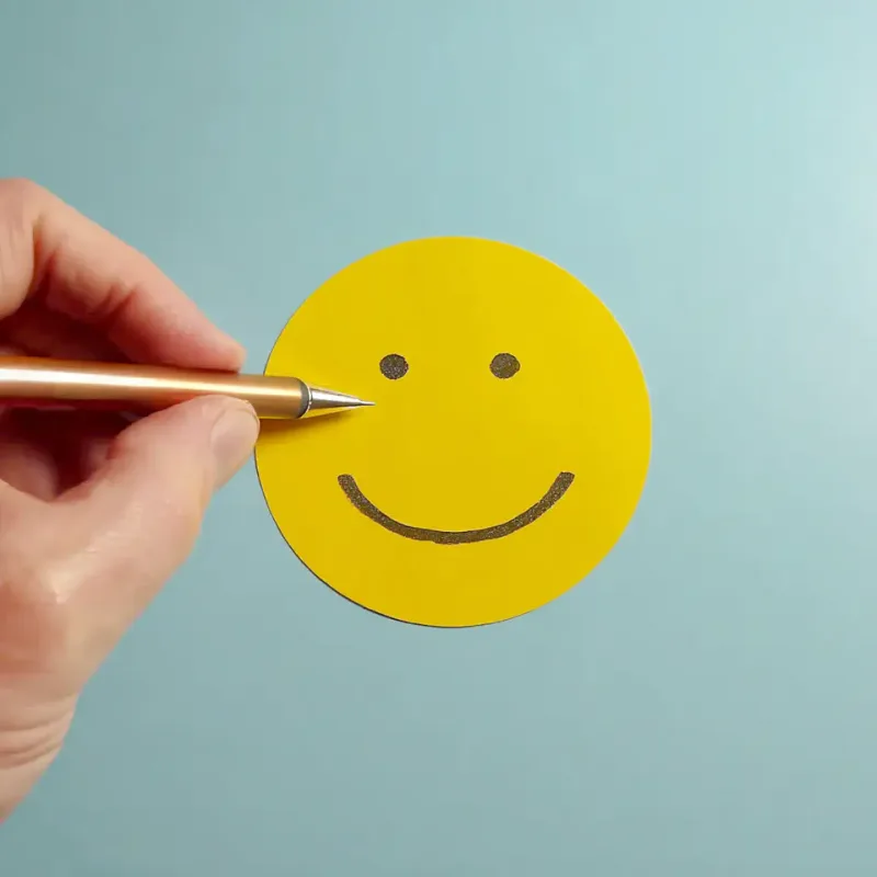 Eine Hand hält einen Stift und zeigt auf einen gelben Smiley-Gesicht mit zwei schwarzen Punktaugen und einem lächelnden Mund vor hellblauem Hintergrund.