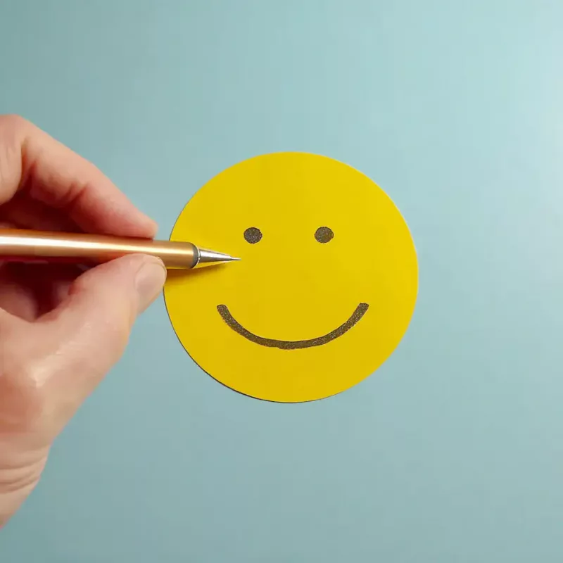 Eine Hand hält einen Stift und zeigt auf einen gelben Smiley-Gesicht mit zwei schwarzen Punktaugen und einem lächelnden Mund vor hellblauem Hintergrund.