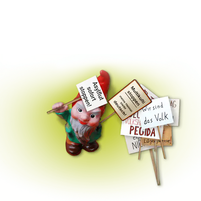 Collage mit Gartenzwerg und PEGIDA Protestschildern