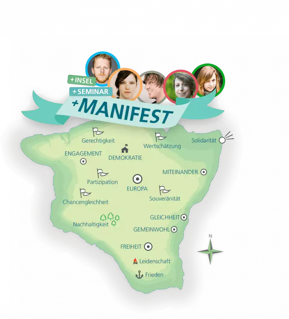 Eine Karte für das Inselseminar mit verschiedenen Begriffen wie Gerechtigkeit, Solidarität, Demokratie, Beteiligung, Gleichheit, Nachhaltigkeit und Gemeinwohl