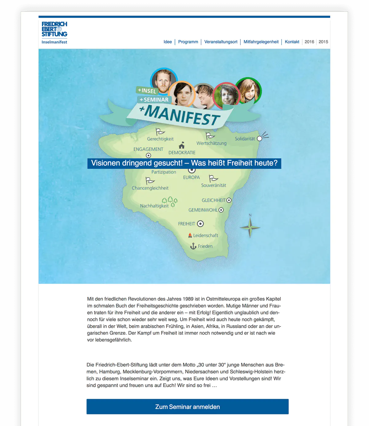 Ansicht der Landingpage für das Inselseminar