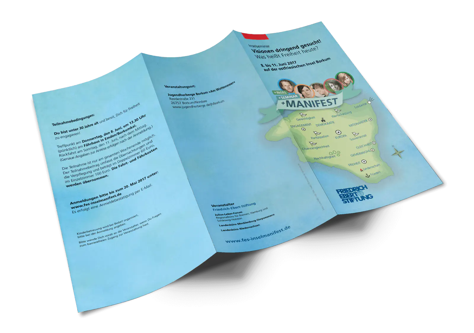 der Flyer ist ausgeklappt und zu sehen ist der Titel und die Rückseite