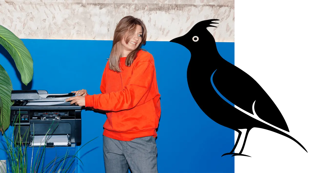 Lærke Hamburg steht in orange-rotem Hoodie vor einer blauen Wand und bedient ein Mischpult, neben ihr ist eine stilisierte schwarze Vogel-Illustration mit weißen Akzenten zu sehen.