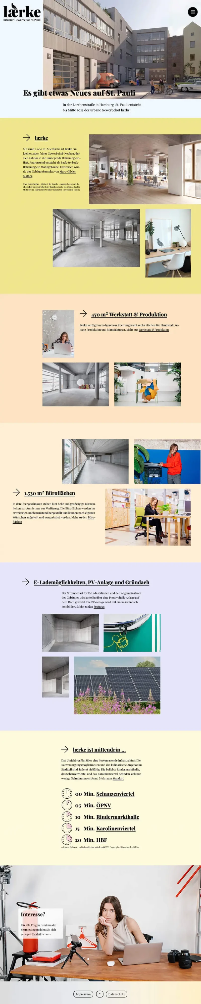 Screenshot Website der Immobilie laerke Hamburg, asymmetrischen Rasterlayout.