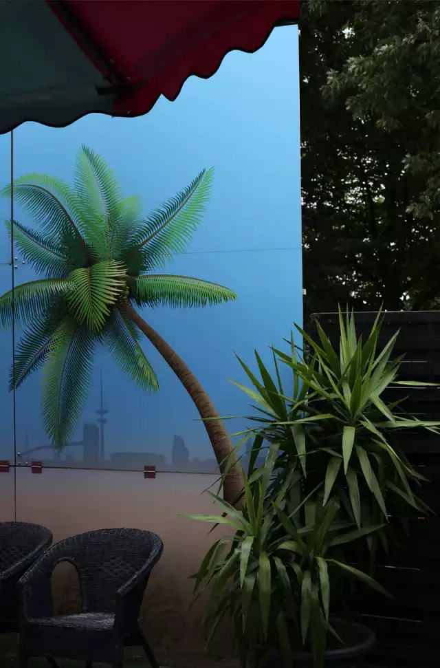 Das Foto zeigt eine Pflanze im Freien mit einem roten Sonnenschirm als Schattenspender. Dazu gehören Gartenmöbel wie ein Stuhl und ein Blumentopf sowie eine Palme im Hintergrund vor einem sonnigen Himmel