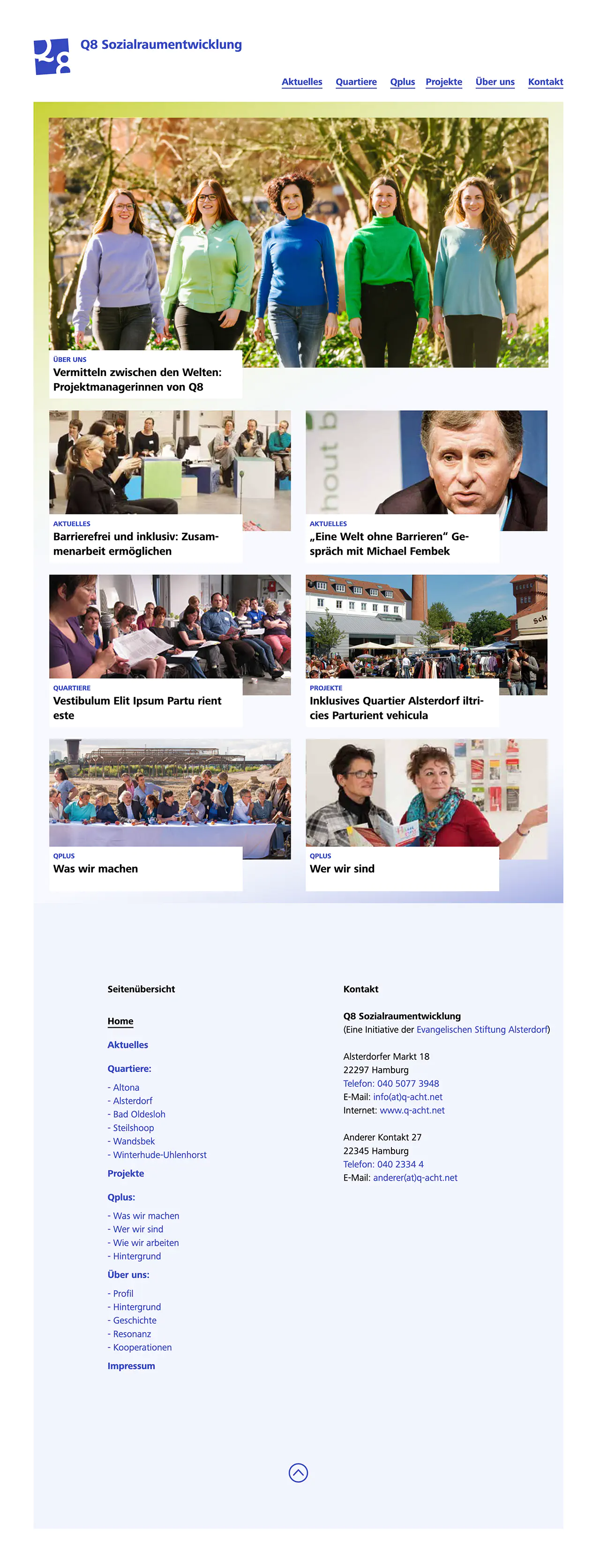 Screenshot der Q8 Website, finale Ansicht der Startseite