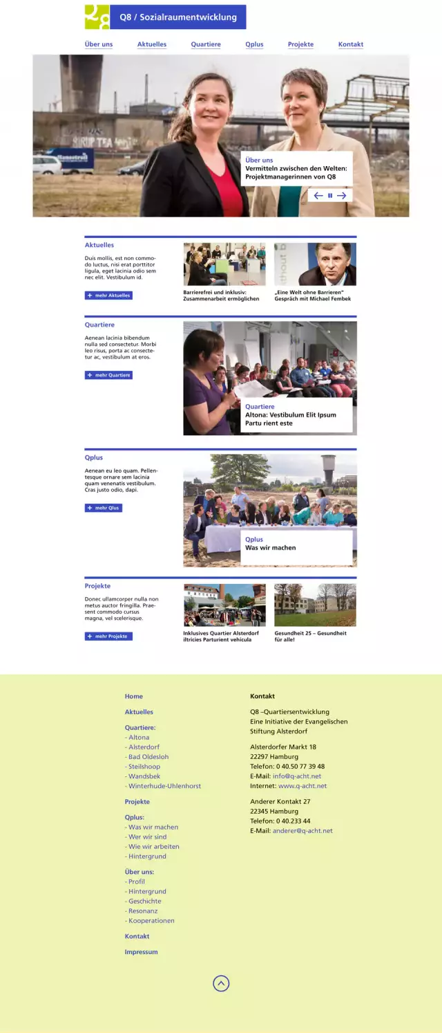 Screenshot der Q8 Website, Entwurf der Startseite