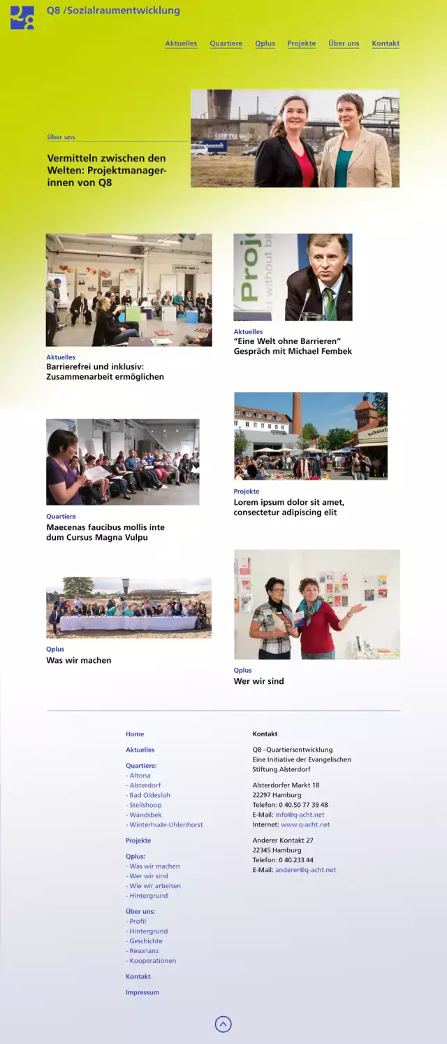 Screenshot der Q8 Website, Entwurfsvariante der Startseite