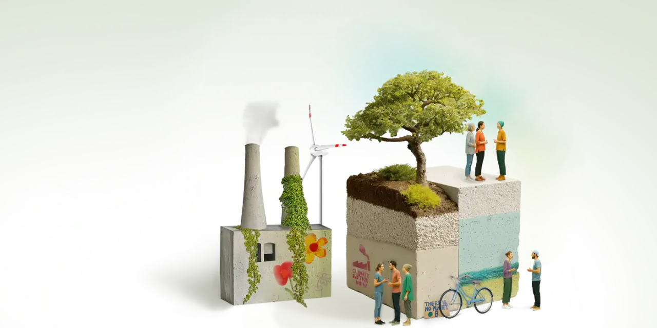 Eine illustrative Darstellung einer nachhaltigen Stadtentwicklung mit einer Fabrik, die zu einer grünen Landschaft mit Baum transformiert wird. Menschen in verschiedenen Farben stehen um die Szene herum und symbolisieren Zusammenarbeit für Umweltschutz und nachhaltige Transformation.