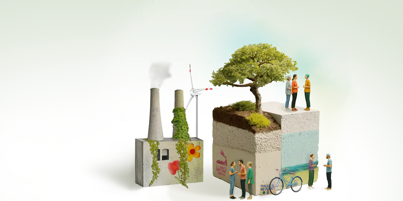 Eine illustrative Darstellung einer nachhaltigen Stadtentwicklung mit einer Fabrik, die zu einer grünen Landschaft mit Baum transformiert wird. Menschen in verschiedenen Farben stehen um die Szene herum und symbolisieren Zusammenarbeit für Umweltschutz und nachhaltige Transformation.