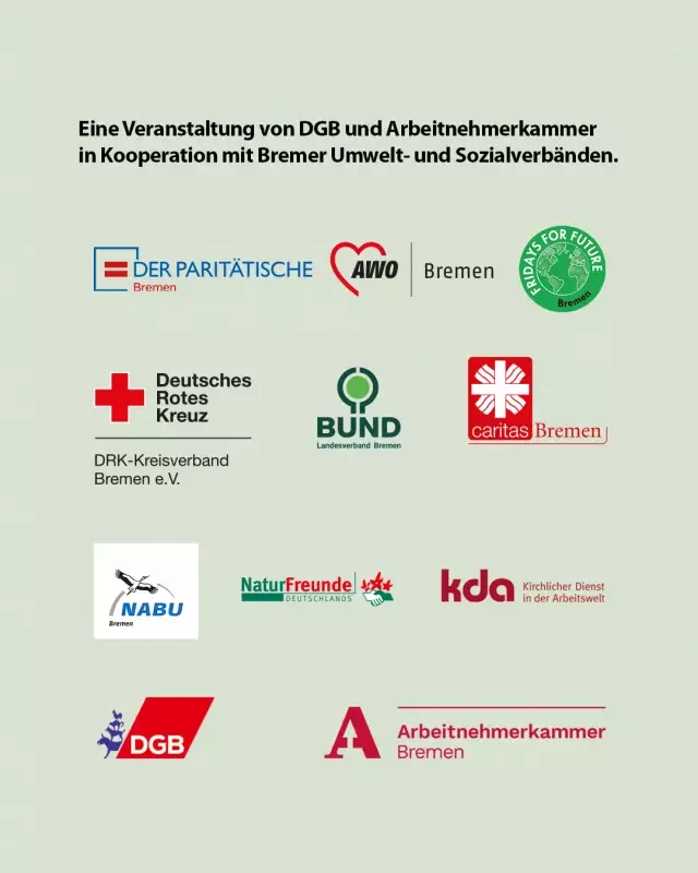 Logo-Sammlung von DGB, Arbeitnehmerkammer Bremen und Umwelt- sowie Sozialverbänden, die gemeinsam eine Veranstaltung durchführen. Die Logos umfassen Der Paritätische, AWO, BUND, Deutsches Rotes Kreuz, Naturfreunde und weitere Organisationen aus Bremen.