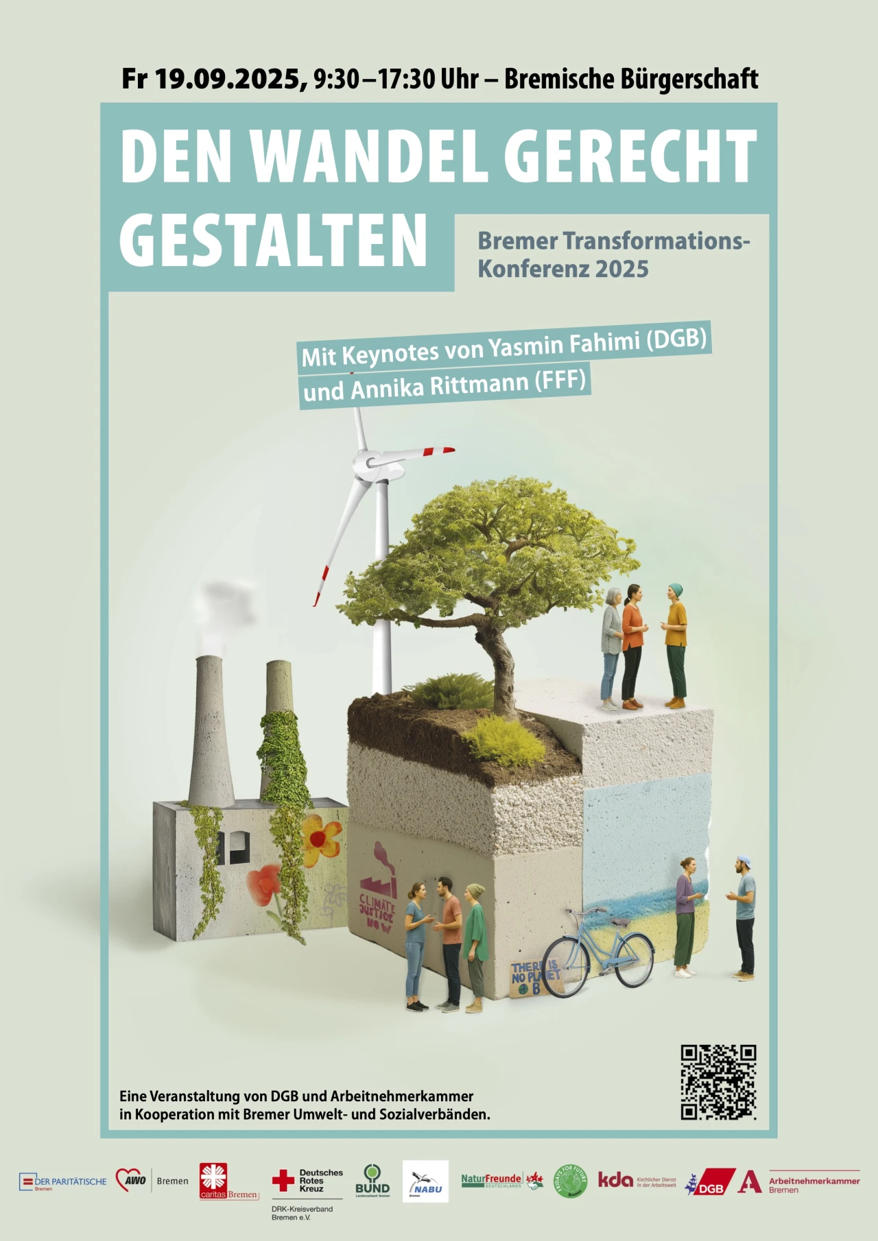 Plakat zur Bremer Transformations-Konferenz 2025 am 19.09.2025 mit dem Titel "Den Wandel gerecht gestalten", das eine innovative Stadtstruktur mit Baum, Windkraftanlage und Menschen zeigt.