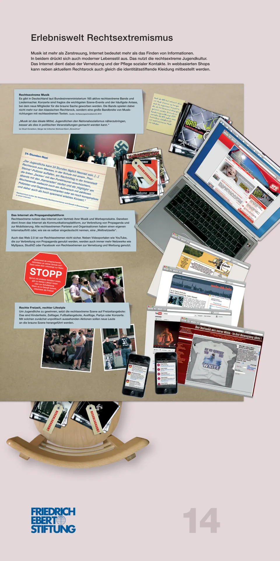 Eine Ausstellungstafel zum Thema "Erlebniswelt Rechtsextremismus" mit verschiedenen Materialien wie Fotografien, Publikationen, Laptops und Mobilgeräte, die Inhalte und Methoden der extremistischen Propaganda dokumentieren. Die Tafel nutzt eine Kombination aus visuellen und textlichen Elementen zur Aufklärung und Information.