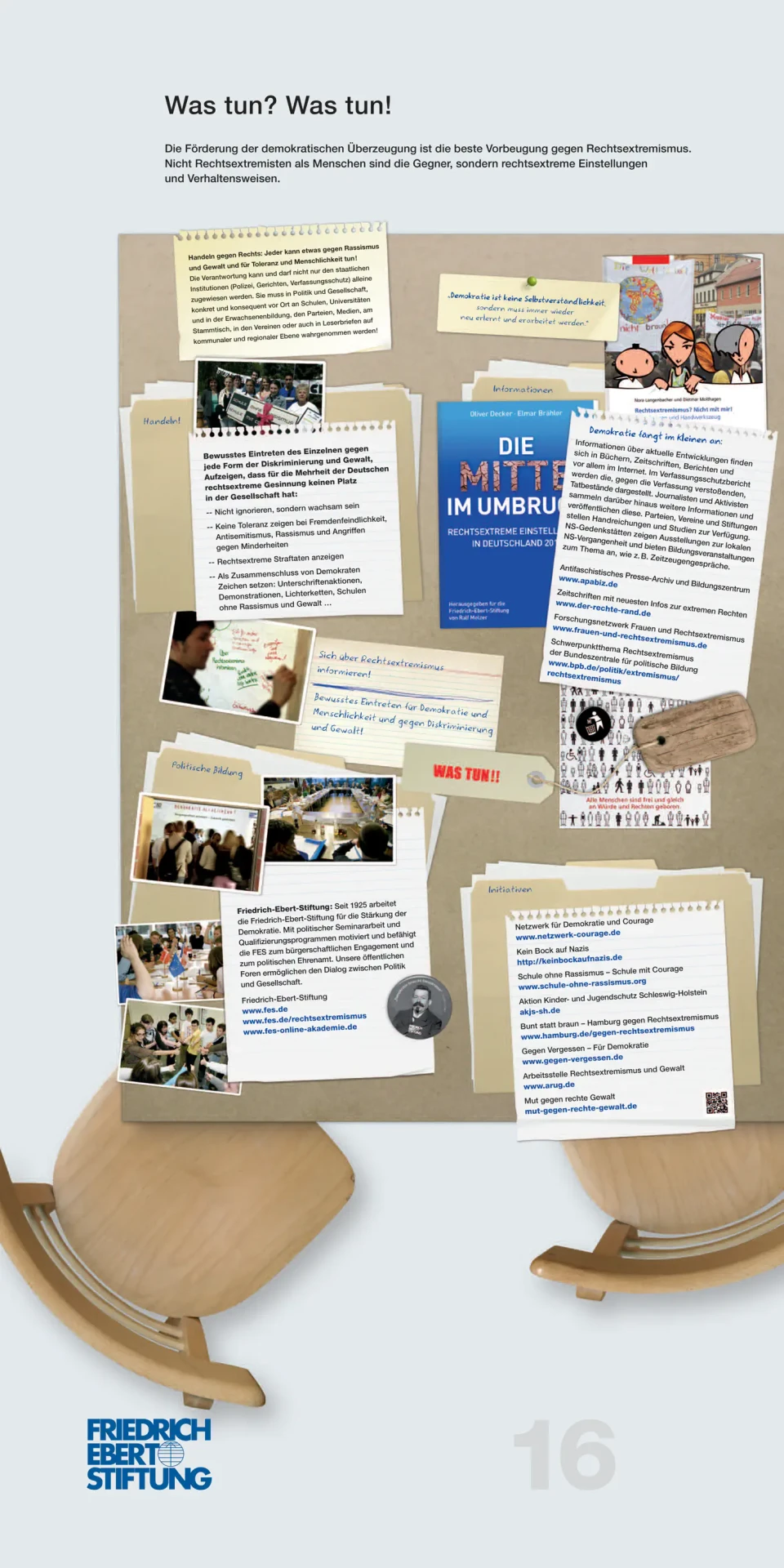 Eine Ausstellungstafel zum Thema "Rechtsextremismus" mit verschiedenen Materialien die Inhalte und Methoden der extremistischen Propaganda dokumentieren. Die Tafel nutzt eine Kombination aus visuellen und textlichen Elementen zur Aufklärung und Information.