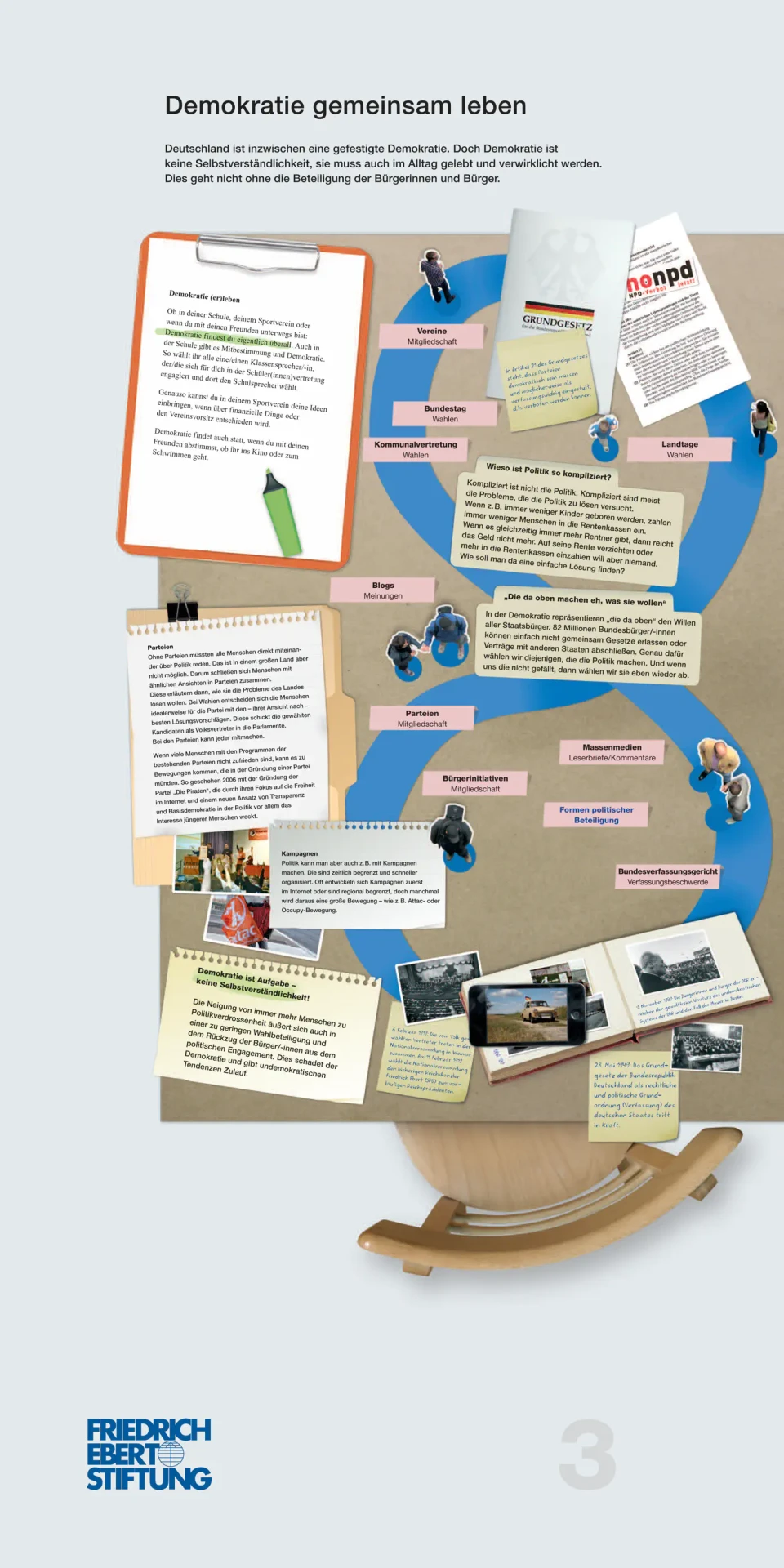 Ein deutschlandkartiges Ausstellungsposter mit dem Titel "Demokratie gemeinsam leben" zeigt verschiedene Textblöcke, Fotos und blaue Verbindungselemente, die Informationen zur Förderung von Demokratie und Bürgerbeteiligung präsentieren.