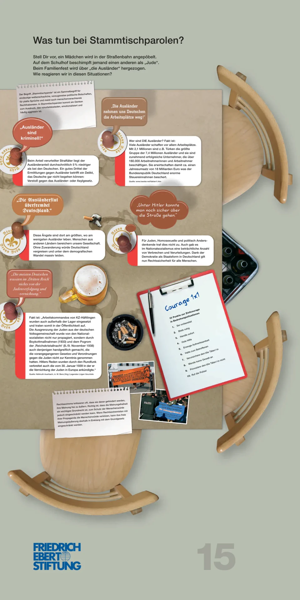 Ein Informationsplakat zum Rechtsextremismus mit dem Titel "Was tun bei Stammtischproblemen?" zeigt mehrere Text- und Bildboxen in Rot und Braun, arrangiert um Holzstützen herum, ergänzt durch Fotos und ein Merkblatt zum Thema.