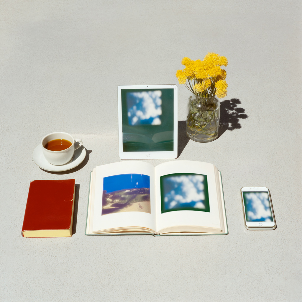 Draufsicht auf ein Stillleben: Ein aufgeschlagenes Fotobuch, ein Tablet und ein Smartphone zeigen ähnliche Wolkenmotive. Daneben stehen eine Tasse Kaffee, ein rotes Notizbuch und gelbe Blumen in einer Glasvase auf hellem Untergrund.
