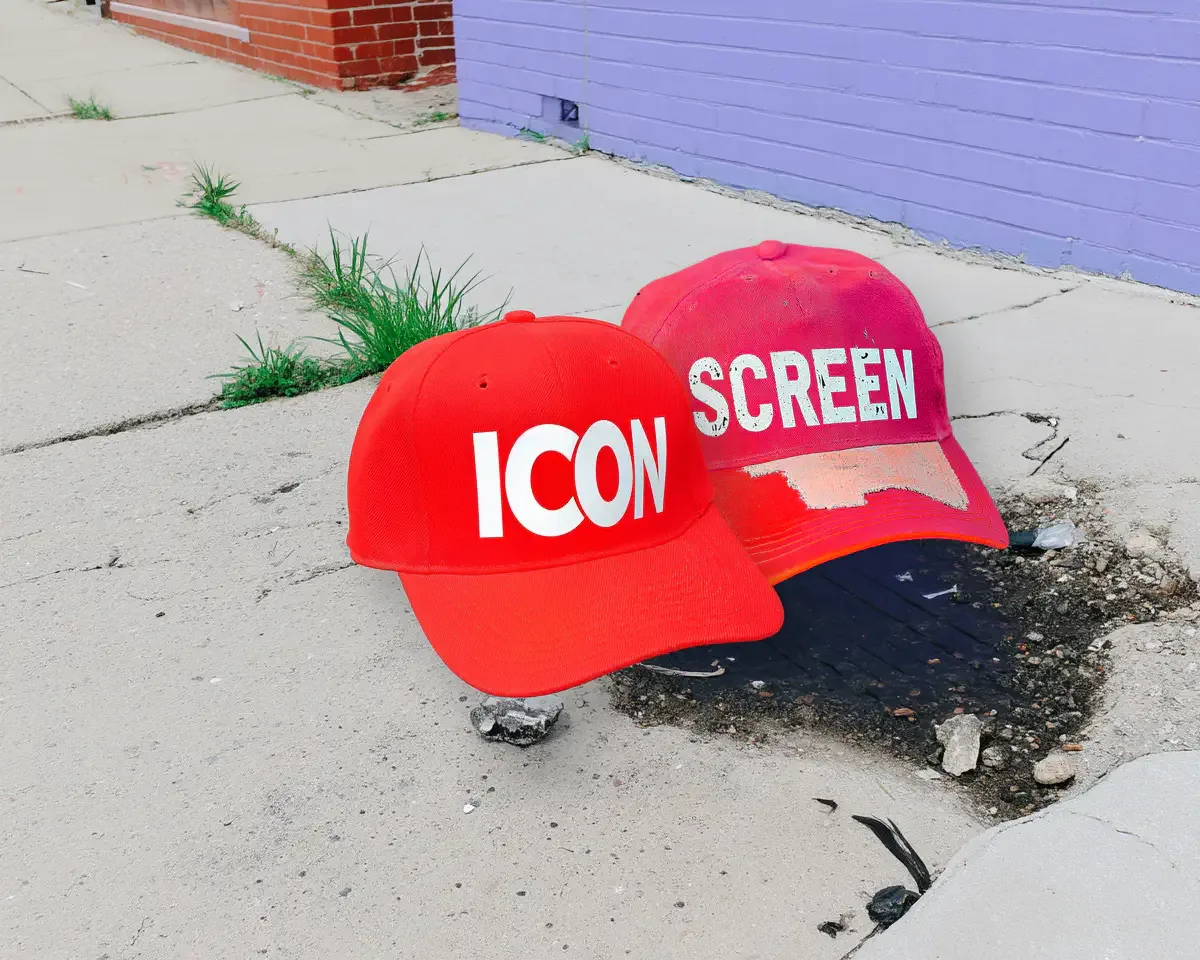 Ein roter Basecap mit der weißen Aufschrift "ICON" liegt auf einem Betonweg neben einer Pfütze. Im Hintergrund sind ein rotes Backsteingebäude und eine lila gestrichene Wand sichtbar.