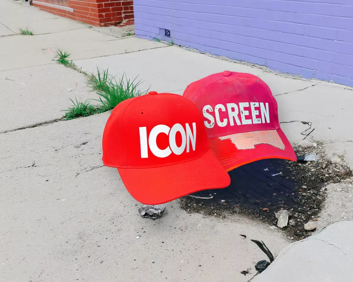 Ein roter Basecap mit der weißen Aufschrift "ICON" liegt auf einem Betonweg neben einer Pfütze. Im Hintergrund sind ein rotes Backsteingebäude und eine lila gestrichene Wand sichtbar.
