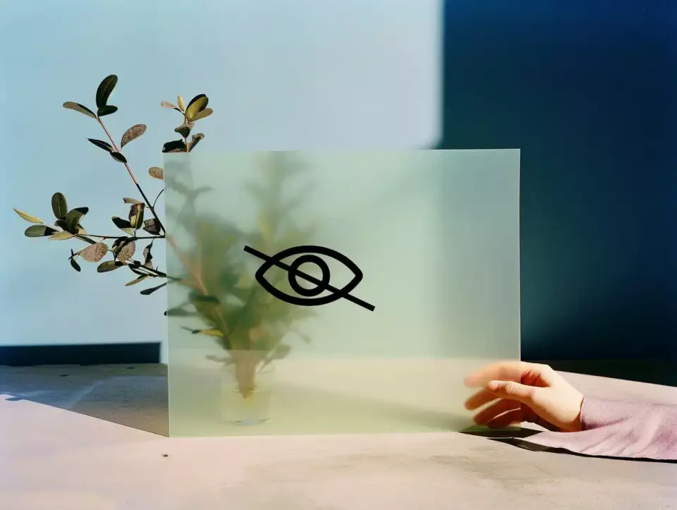 Eine Hand hält eine milchige Glasscheibe mit einem Auge Icon vor eine Blume in einer Vase, poetisches Stillleben