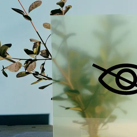 Eine Hand hält eine milchige Glasscheibe mit einem Auge Icon vor eine Blume in einer Vase