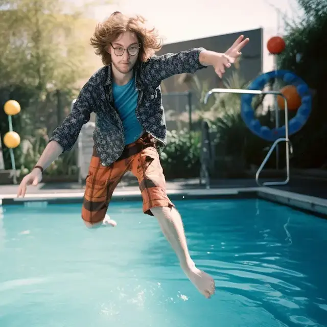 Das Bild zeigt eine lebenslustige männliche Person im Freizeitlook, die in einem Freizeitzentrum in ein Schwimmbecken springt.Poolcore