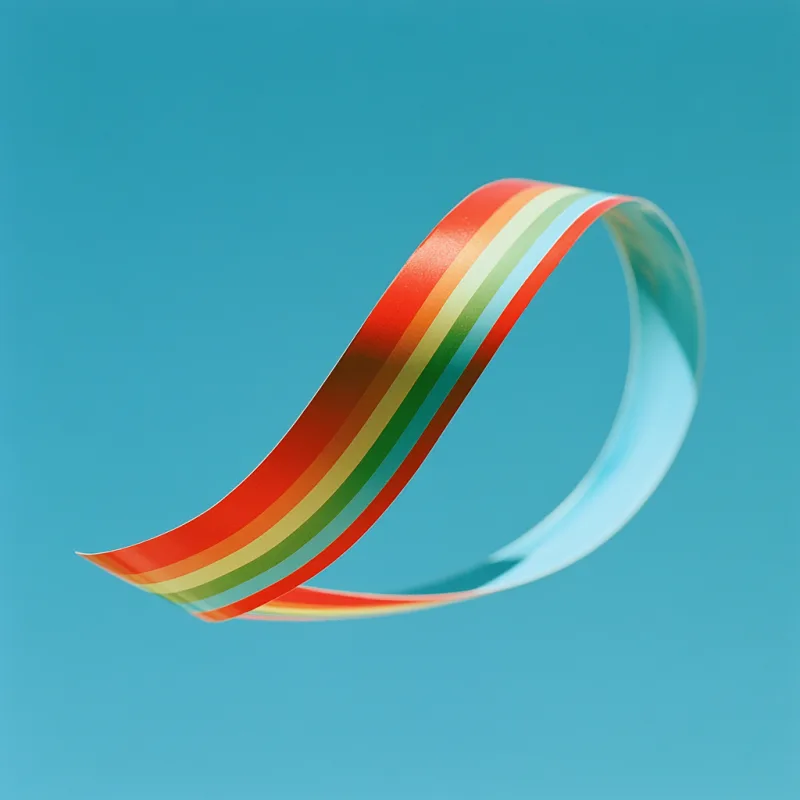 Ein schwebendes, mehrfarbiges Band mit Regenbogenstreifen, das sich in einer eleganten Kurve vor einem einfarbigen, türkisfarbenen Hintergrund windet.