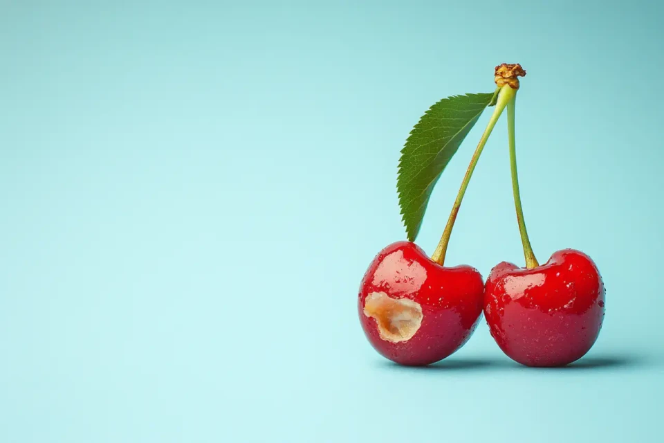 Zwei rote Kirschen mit grünem Blatt und Stielen nebeneinander auf hellblauem Hintergrund, eine davon aufgeschnitten.