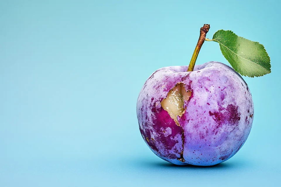 Eine lila Pflaume mit grünem Blatt und braunem Stiel liegt auf hellblauem Hintergrund. Die Oberfläche der Frucht zeigt violette und blaue Farbverläufe.