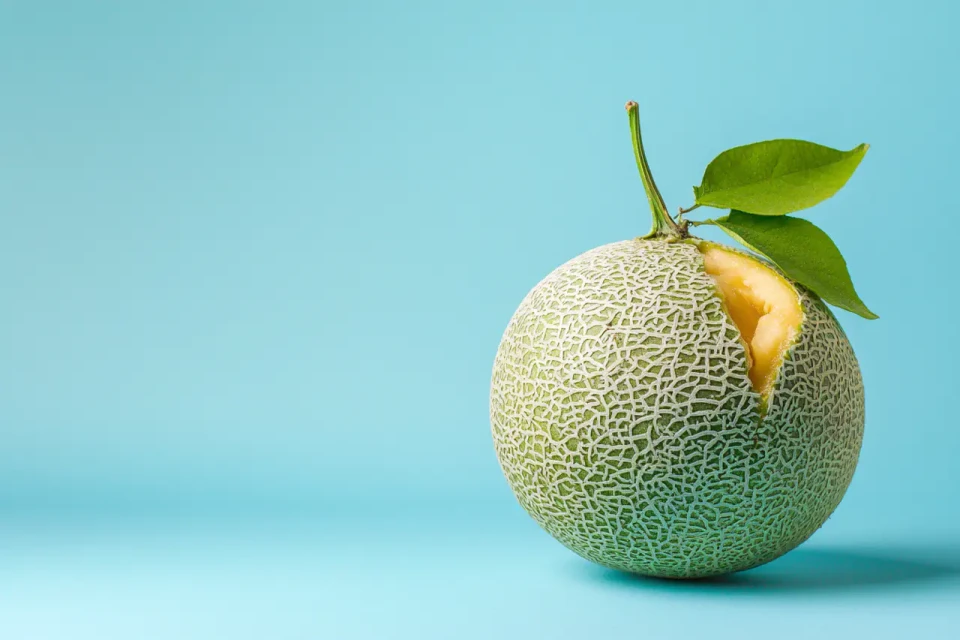Eine grüne Melone mit netzartiger Oberfläche und einem kleinen Loch auf hellem türkisem Hintergrund. Ein grüner Stiel mit Blättern ragt oben heraus. Die Frucht wirkt frisch und appetitlich präsentiert.