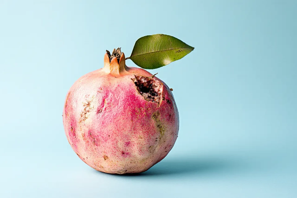 Ein reifer Granatapfel mit rosa-roter Schale und grünem Blatt auf hellblauem Hintergrund. Die Frucht zeigt natürliche Kratzer und Verfärbungen auf ihrer Oberfläche.
