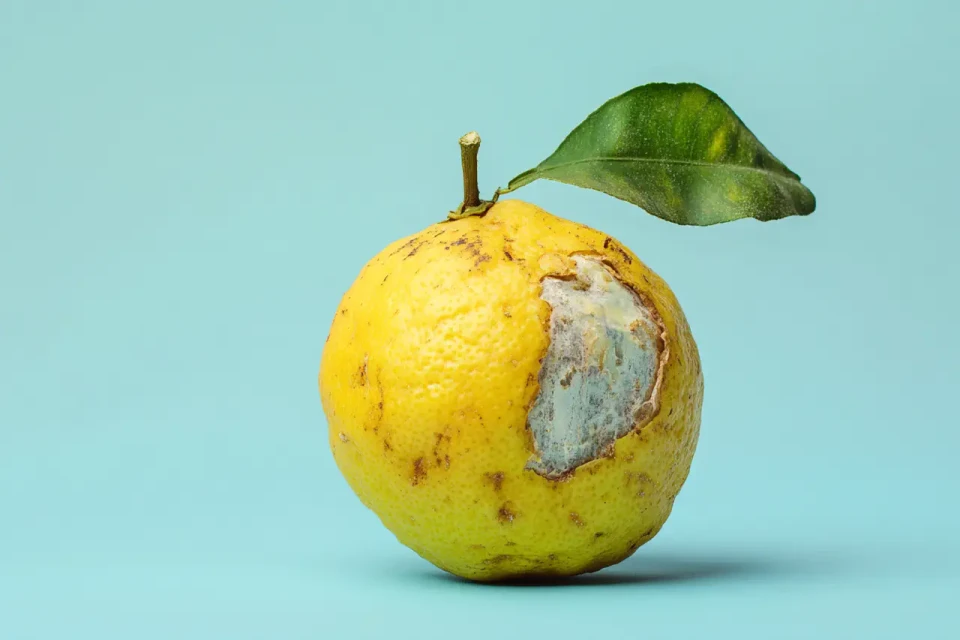 Ein gelber Apfel mit braunen Flecken und einer ausgehöhlten Stelle, die das Innere des Obstes zeigt, vor hellblauem Hintergrund. Ein grünes Blatt ist an der Oberseite befestigt.