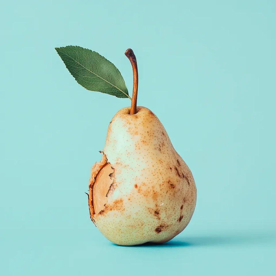 Eine hellbraune Birne mit Blatt und Stiel vor hellblauem Hintergrund. Die Frucht hat eine charakteristische Birnenform und zeigt natürliche Unebenheiten sowie eine kleine Schalenstelle auf der linken Seite.