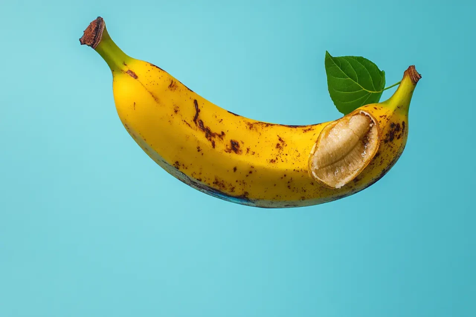 Eine gelbe Banane mit braunen Flecken liegt auf hellblauem Hintergrund. Die Banane ist aufgeschnitten, wodurch das helle Fruchtfleisch sichtbar wird. Ein grünes Blatt ist oben rechts neben der Frucht platziert.