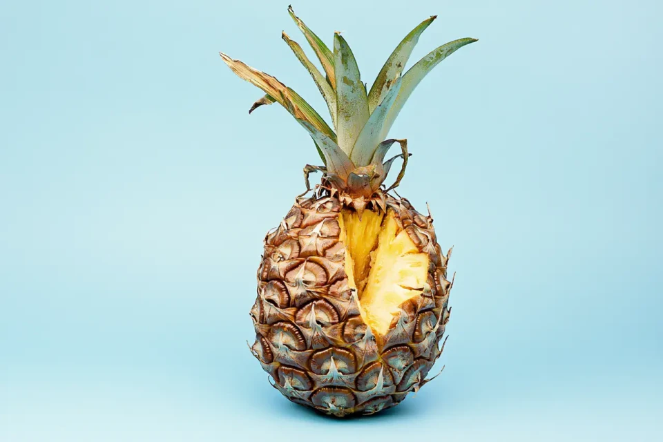 Eine Ananas mit grünen Blättern an der Krone steht vor hellblauem Hintergrund. Ein Schnitt auf der Seite zeigt das gelbe Fruchtfleisch im Inneren. Die Frucht ist vollständig sichtbar mit ihrer charakteristischen strukturierten, braunen Oberfläche.