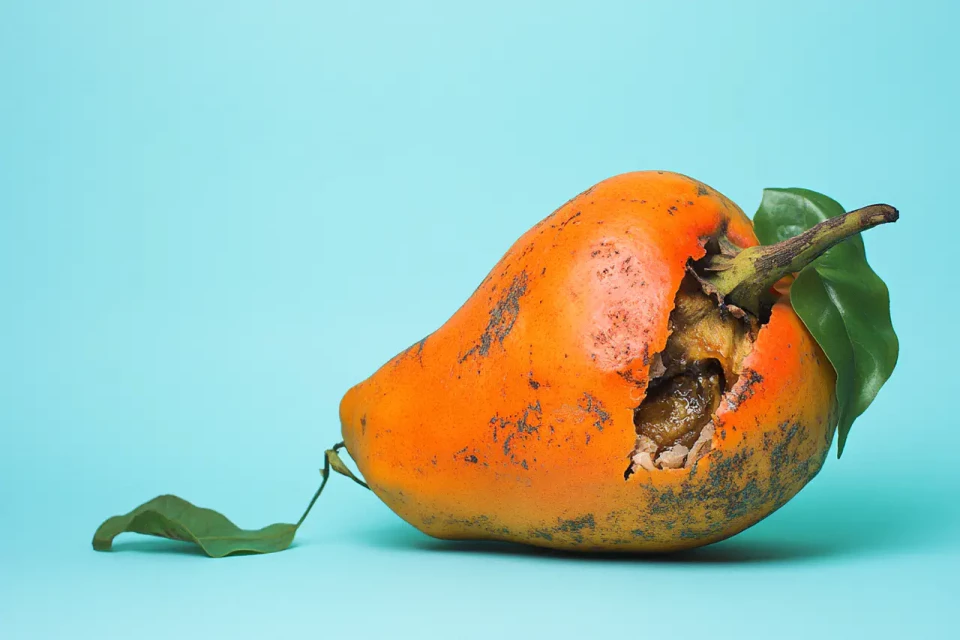 Eine überreife orange Mispel mit braunen Flecken und Verfärbungen liegt auf hellblauem Hintergrund. Das Obst hat grüne Blätter und einen braunen Stiel. Die Frucht zeigt Zeichen von Verfall und fortgeschrittenem Alter.