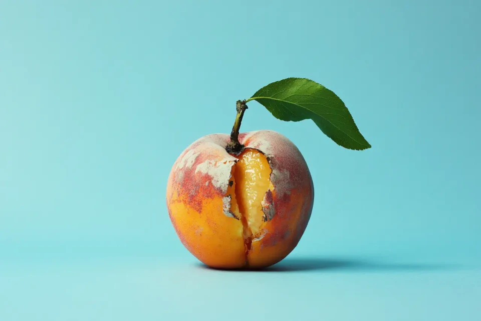 Ein aufgeschnittener Apfel mit rötlich-gelblicher Färbung und einem grünen Blatt auf türkisblauem Hintergrund. Der Apfel ist vertikal halbiert und zeigt sein Inneres mit einem sichtbaren Kern.