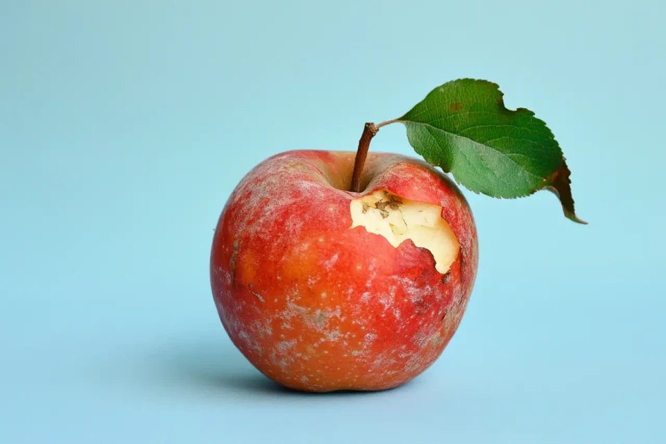 Ein roter Apfel mit einer ausgebissenen Stelle auf der linken Seite steht vor hellblauem Hintergrund. Ein grünes Blatt mit Stiel ist oben rechts am Apfel befestigt.