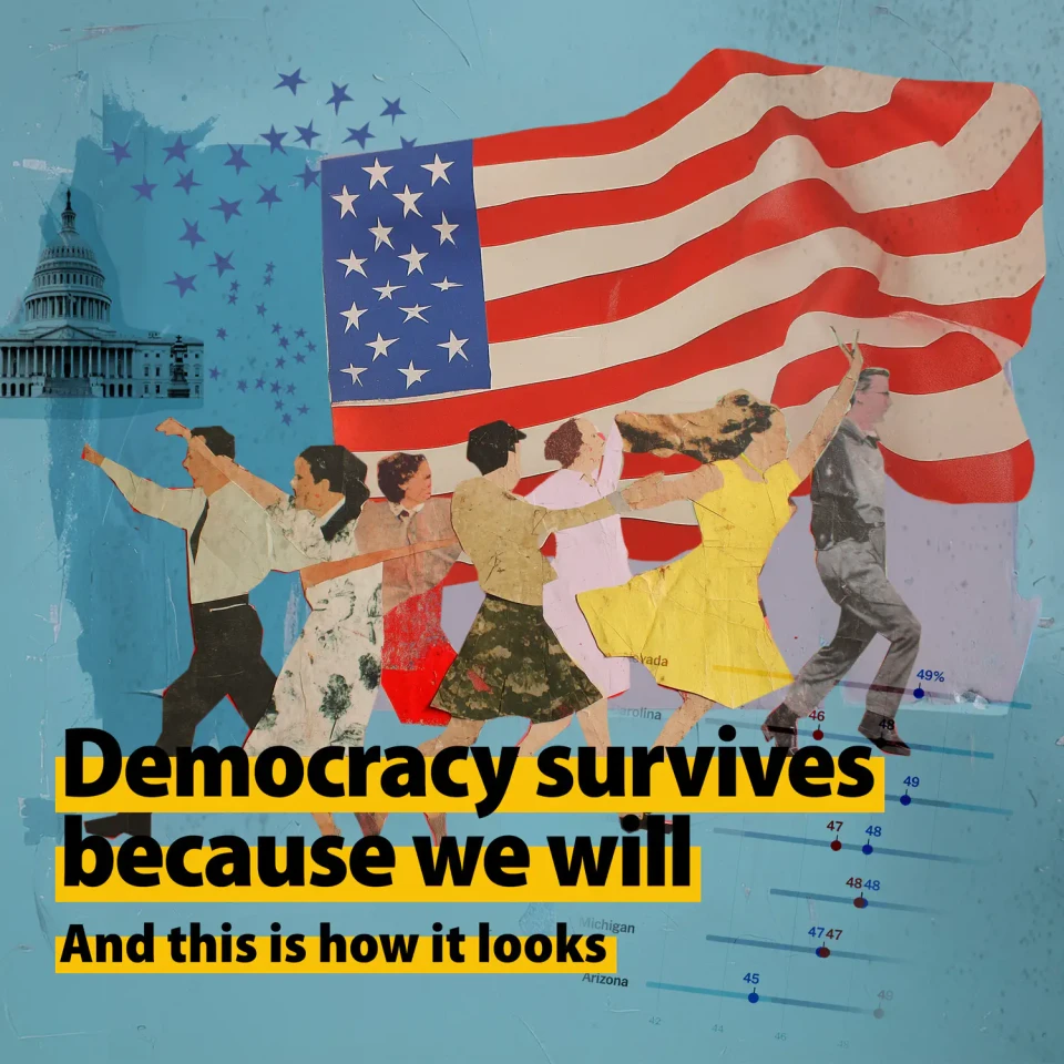 Diverse Menschen halten zusammen eine wehende amerikanische Flagge, während im Hintergrund das US-Kapitol zu sehen ist. Gelber Text verkündet "Democracy survives because we will - And this is how it looks". Das Bild symbolisiert demokratisches Engagement und Bürgerbeteiligung zur US-Wahl 2024.