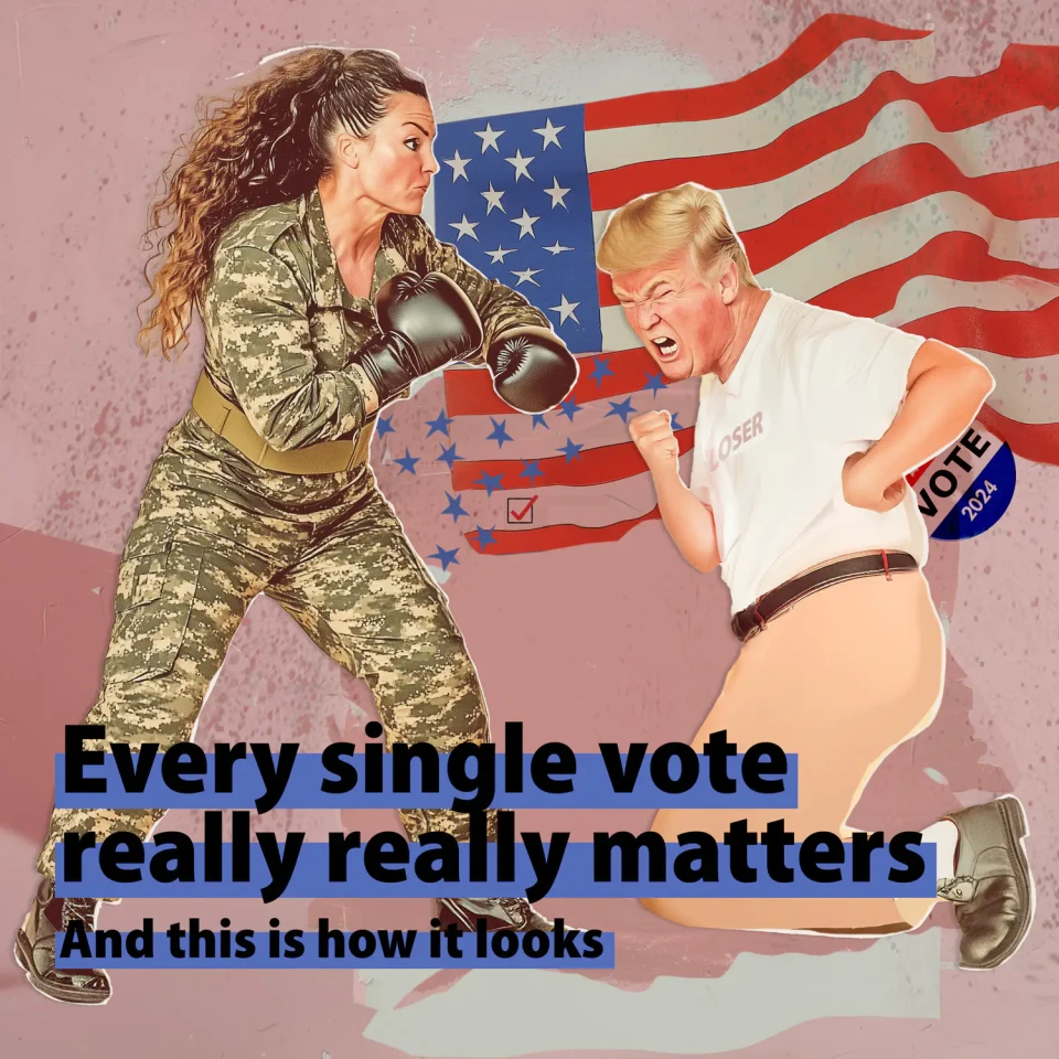 Eine Frau in Militäruniform mit Boxhandschuhen und ein Mann mit "VOTE"-Anstecker boxen vor einer amerikanischen Flagge. Der Text besagt "Every single vote really really matters - And this is how it looks" als Kommentar zur US-Wahl 2024.