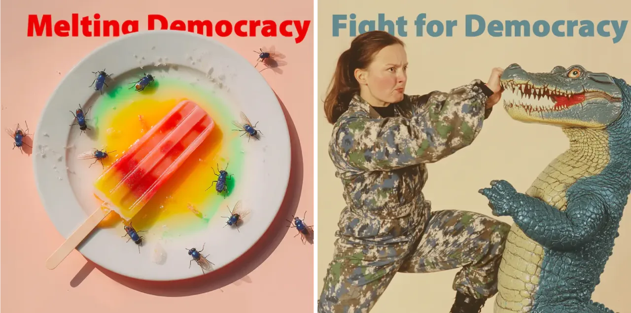 Zwei Grafiken nebeneinander: Links "Melting Democracy" mit einem Eis am Stiel auf einem Teller, umgeben von Fliegen, das in der Hitze schmilzt. Rechts "Fight for Democracy" mit einer Frau in Camouflage-Kleidung, die einen Krokodil-ähnlichen Gegner bekämpft.