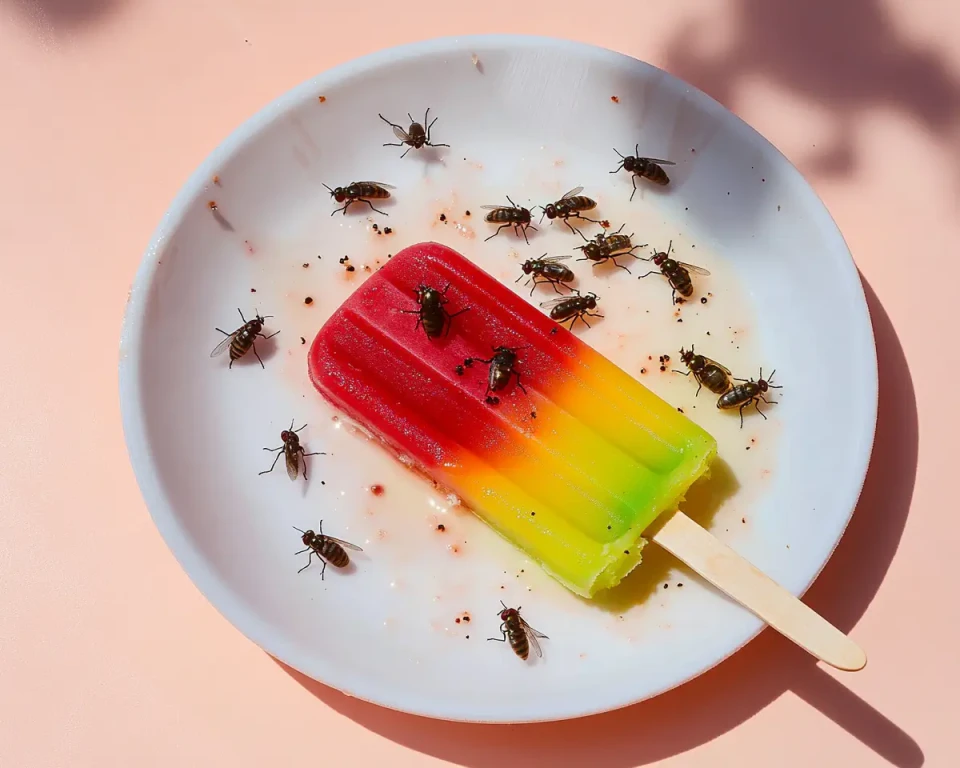 Ein bundles Eis am Stiel in Rot, Gelb und Grün liegt auf einem weißen Teller, umgeben von mehreren Insekten. Das Eis symbolisiert die Flaggenfarben Deutschlands oder Thüringens.