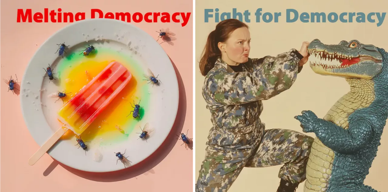 Zwei Grafiken nebeneinander: Links "Melting Democracy" mit einem Eis am Stiel auf einem Teller, umgeben von Fliegen, das in der Hitze schmilzt. Rechts "Fight for Democracy" mit einer Frau in Camouflage-Kleidung, die einen Krokodil-ähnlichen Gegner bekämpft.