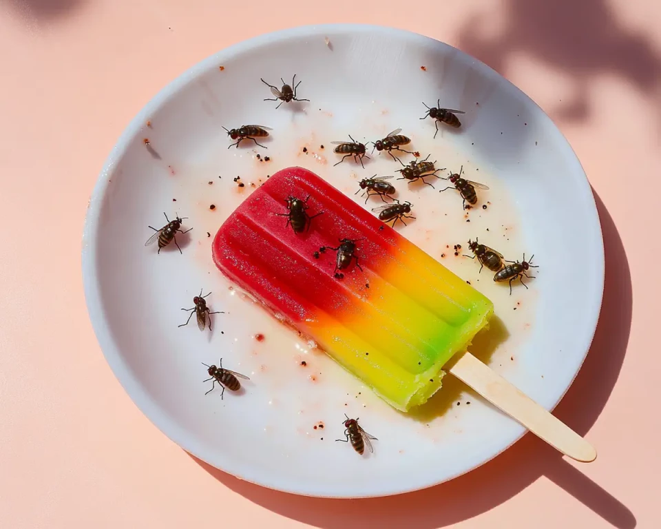 Ein bundles Eis am Stiel in Rot, Gelb und Grün liegt auf einem weißen Teller, umgeben von mehreren Insekten. Das Eis symbolisiert die Flaggenfarben Deutschlands oder Thüringens.