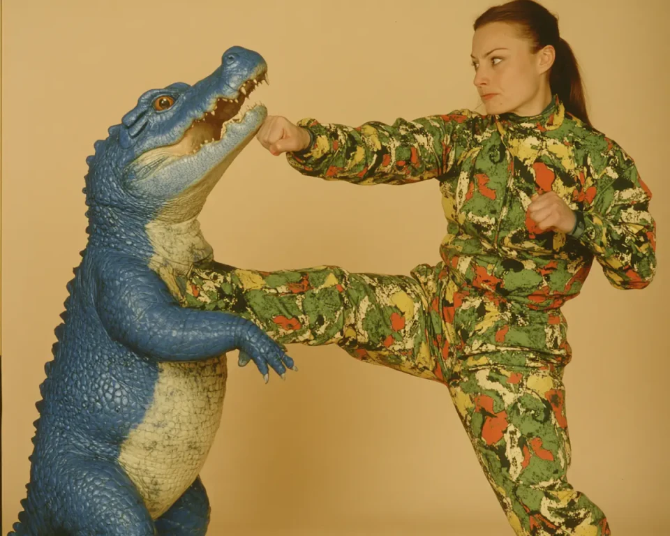 Eine Frau in grünem Blumenmuster-Anzug tritt spielerisch gegen eine große blaue Krokodilskulptur, die sein Maul weit geöffnet hat.