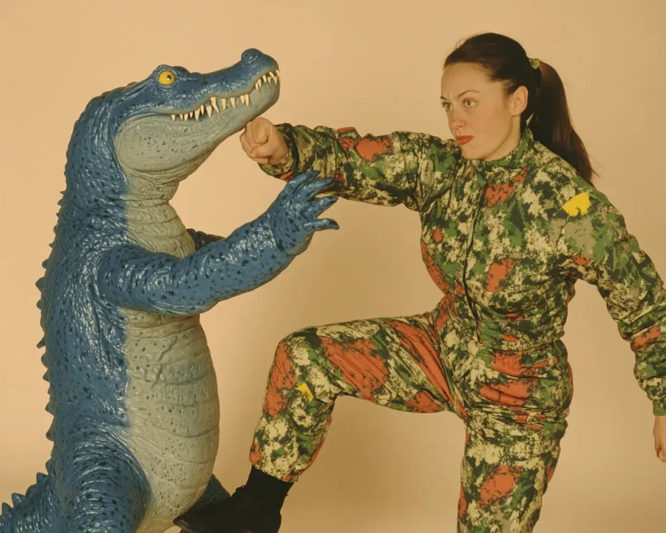 Eine Frau in einem grünen Blumenmuster-Anzug posiert spielerisch neben einer großen blauen Krokodil-Figur und berührt deren Schnauze. Die Szene wirkt humorvoll und inszeniert vor einem beigen Hintergrund.