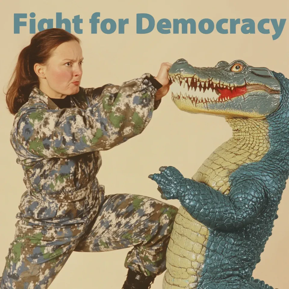 Eine Frau in Camouflage-Uniform ringt mit einem großen grünen Krokodil. Oben steht der Text "Fight for Democracy" in blauem Lettering auf beigefarbenem Hintergrund.