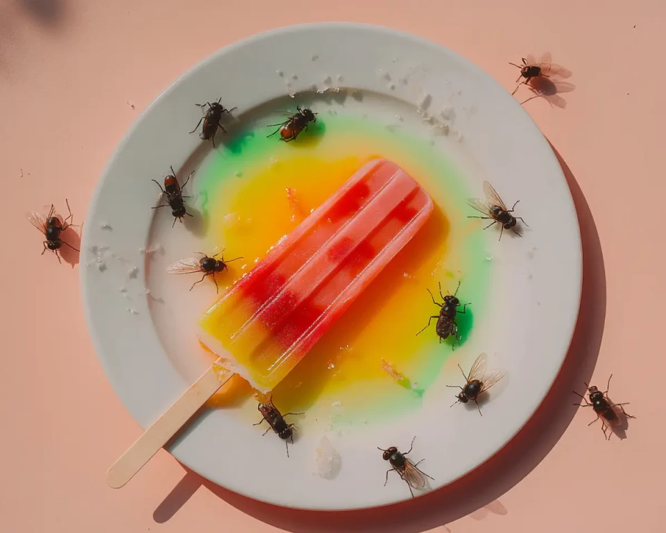Ein buntes Eis am Stiel in Regenbogenfarben liegt auf einem weißen Teller, umgeben von mehreren Fliegen auf rosa Hintergrund.