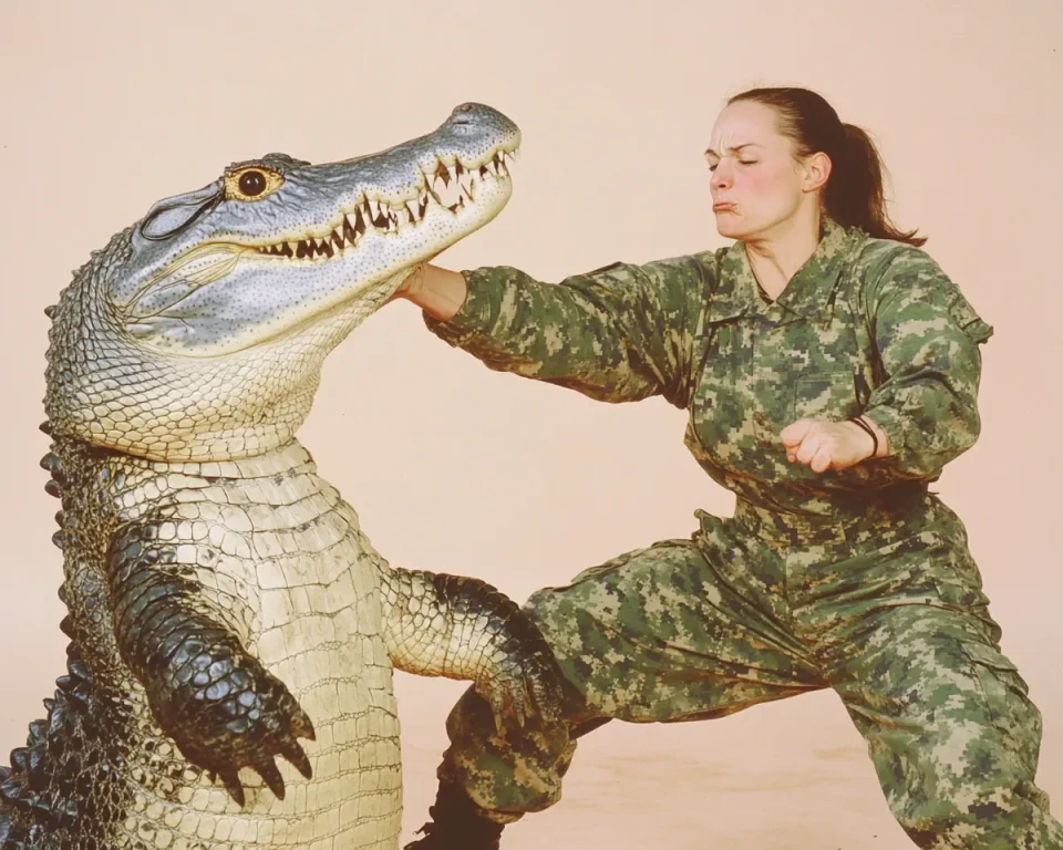 Eine Frau in Tarnuniform führt einen großen Alligator an einem Seil. Der Alligator hat sein Maul weit aufgerissen und zeigt seine Zähne. Die Szene spielt vor einem beigen Hintergrund.