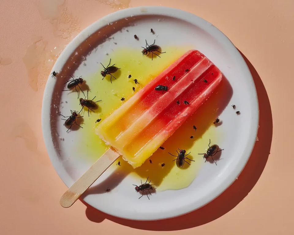 Ein Eis am Stiel mit roten und gelben Schichten liegt auf einem weißen Teller mit gelblicher Flüssigkeit, umgeben von schwarzen Insekten als künstlerische Dekoration.